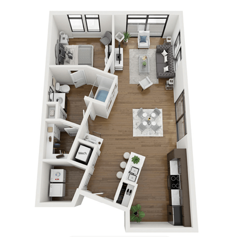Floor plan for 1 bed, 1 bath, 886 sqft